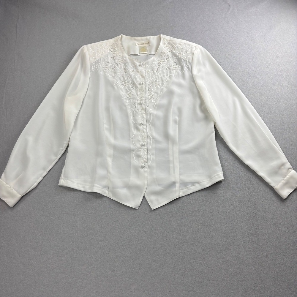 Vintage Christie & Jill White Embroidered Beaded Blouse Size 14 Long Sleeve